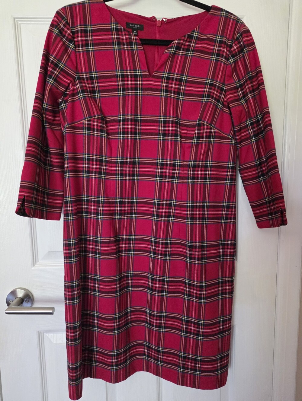 Talbots Red Tartan Sheath Dress with V-Notch Size 8p